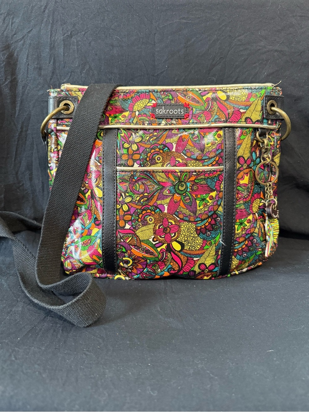 Sakroots Colorful Artistic Zip Top Crossbody Bag With Owl Bag Charm